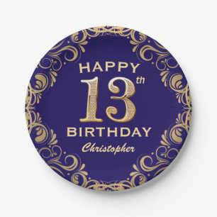 13th Birthday Party Navy Blue and Gold Glitter Paper Plates