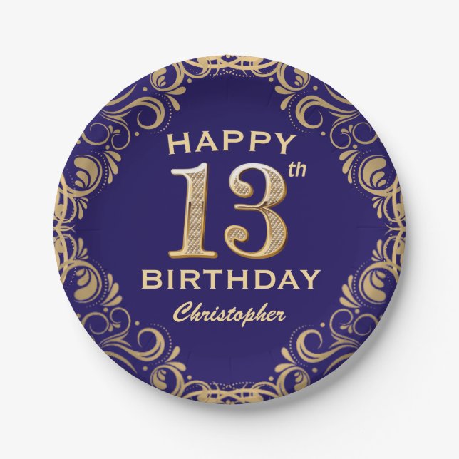 13th Birthday Party Navy Blue and Gold Glitter Paper Plates (Front)