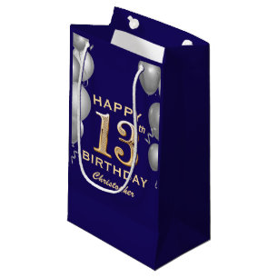 13th Birthday Party Navy Blue Gold Silver Balloons Small Gift Bag