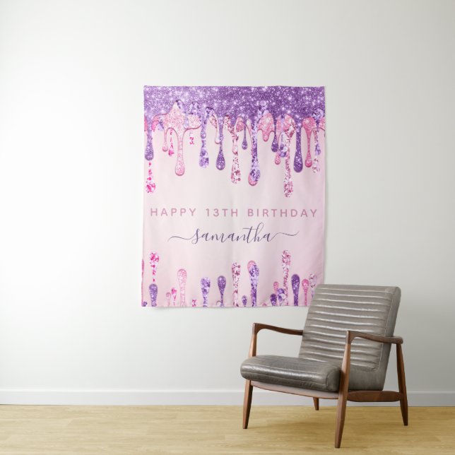 13th Birthday Party Pink Purple Glitter Dripping   Tapestry (In Situ)