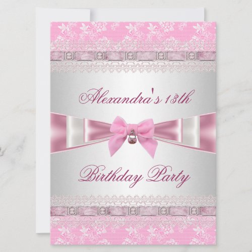 13th Birthday Party Pink White Floral  Damask Invitation