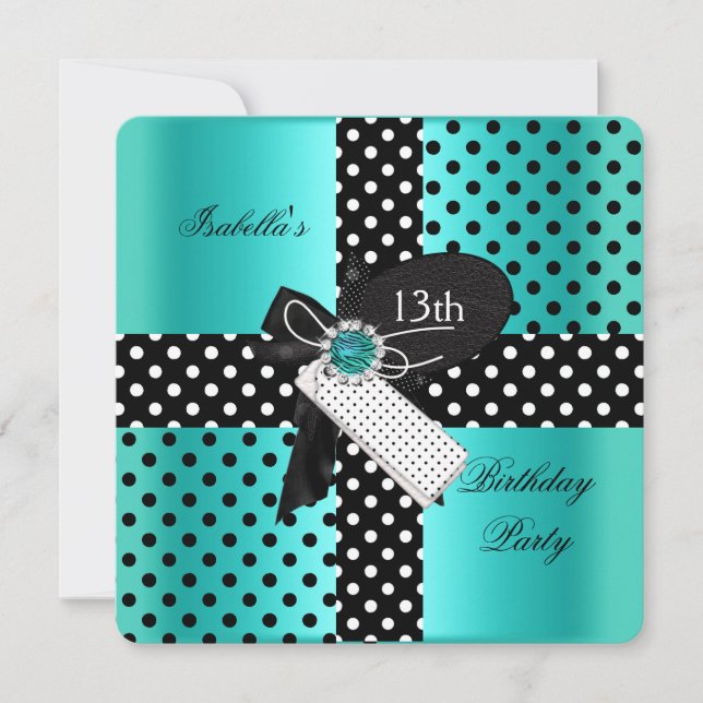 13th Birthday Party Polka Dots Teal Blue Invitation (Front)