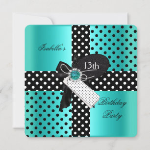 13th Birthday Party Polka Dots Teal Blue Invitation