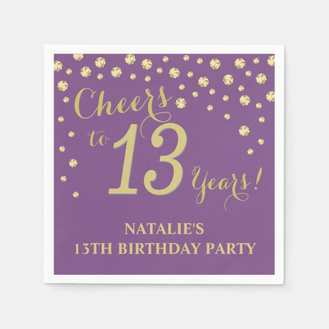 13th Birthday Party Purple and Gold Diamond Napkins (Front)