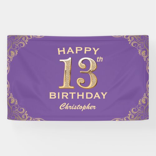 13th Birthday Party Purple and Gold Glitter Frame Banner