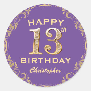 13th Birthday Party Purple and Gold Glitter Frame Classic Round Sticker