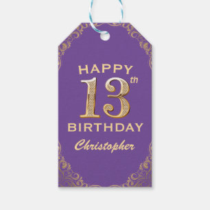 13th Birthday Party Purple and Gold Glitter Frame Gift Tags