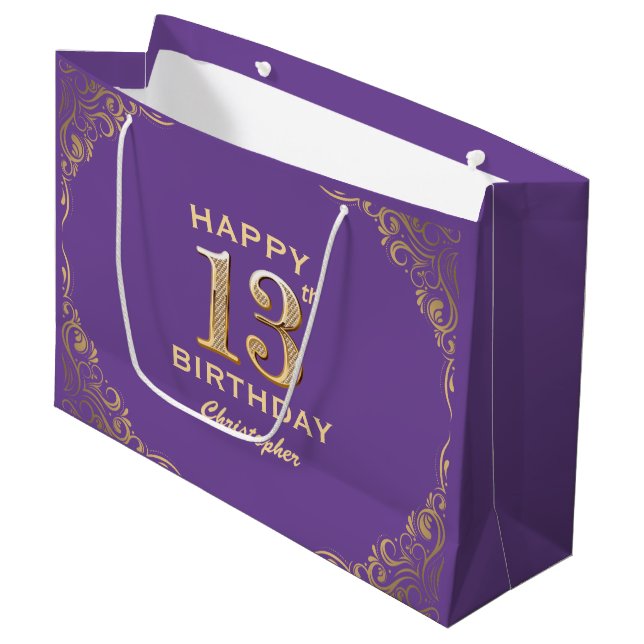 13th Birthday Party Purple and Gold Glitter Frame Large Gift Bag (Front Angled)