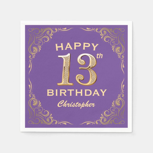 13th Birthday Party Purple and Gold Glitter Frame Napkins (Front)