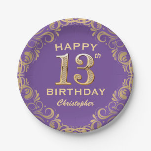 13th Birthday Party Purple and Gold Glitter Frame Paper Plates