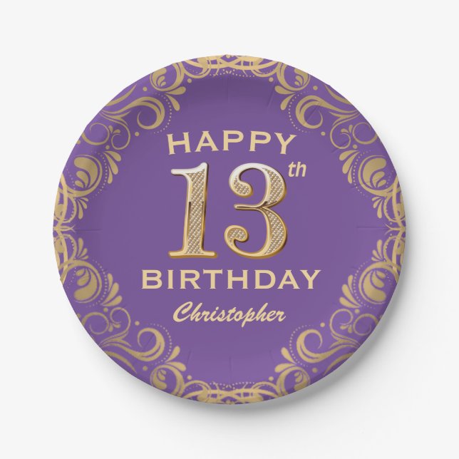 13th Birthday Party Purple and Gold Glitter Frame Paper Plates (Front)