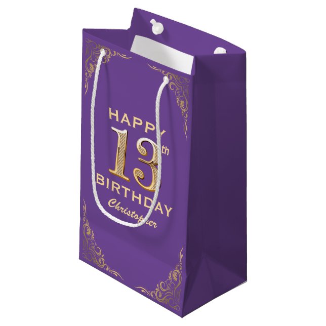 13th Birthday Party Purple and Gold Glitter Frame Small Gift Bag (Front Angled)