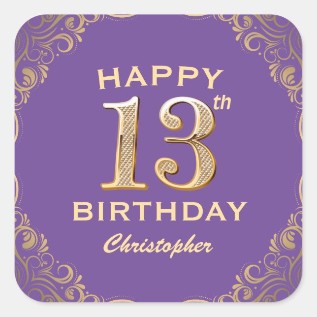 13th Birthday Party Purple and Gold Glitter Frame Square Sticker (Front)
