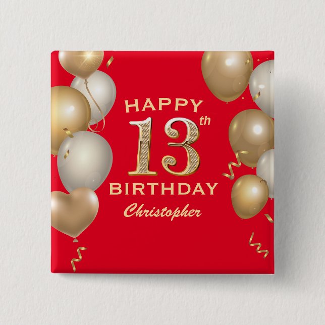 13th Birthday Party Red and Gold Balloons Button (Front)