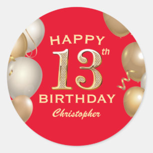 13th Birthday Party Red and Gold Balloons Classic Round Sticker