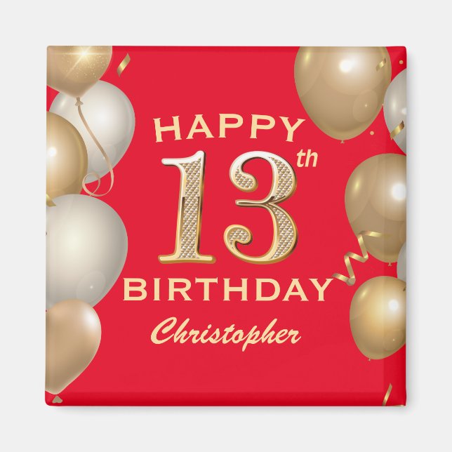 13th Birthday Party Red and Gold Balloons Magnet (Front)