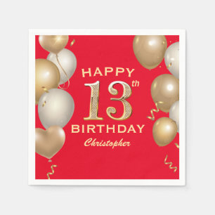13th Birthday Party Red and Gold Balloons Napkins
