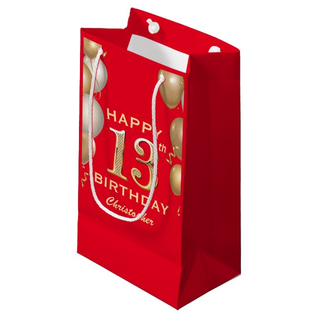 13th Birthday Party Red and Gold Balloons Small Gift Bag (Front Angled)