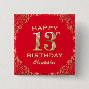 13th Birthday Party Red and Gold Glitter Frame Button