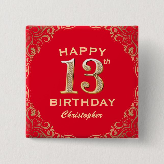 13th Birthday Party Red and Gold Glitter Frame Button (Front)