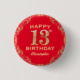 13th Birthday Party Red and Gold Glitter Frame Button