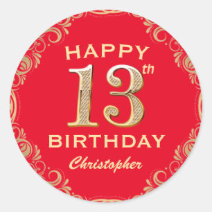 13th Birthday Party Red and Gold Glitter Frame Classic Round Sticker