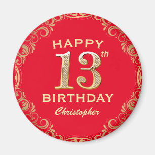 13th Birthday Party Red and Gold Glitter Frame Magnet