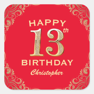 13th Birthday Party Red and Gold Glitter Frame Square Sticker