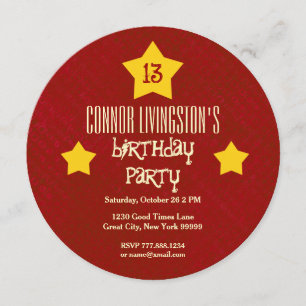 13th Birthday Party Red Circle Gold Stars V03D3 Invitation