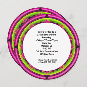 13th Birthday Party Round Neon Kaleidoscope Invitation