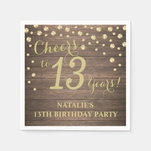 13th Birthday Party Rustic Wood and Gold Diamond Napkins