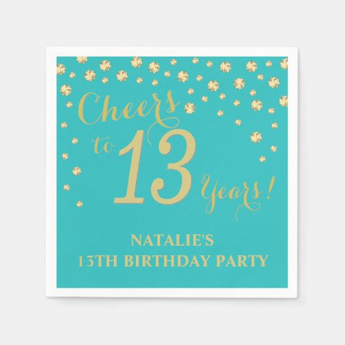 13th Birthday Party Teal and Gold Diamond Napkins