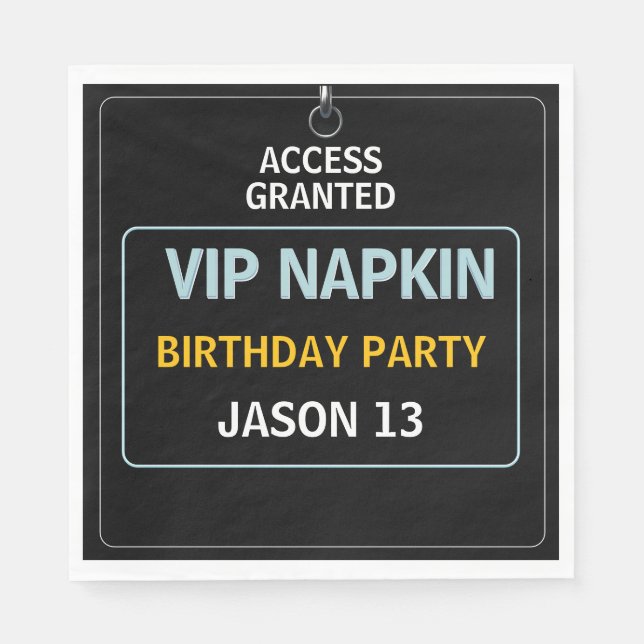 13th Birthday Party, VIP Pass, Level 13, Boys  Napkins (Front)