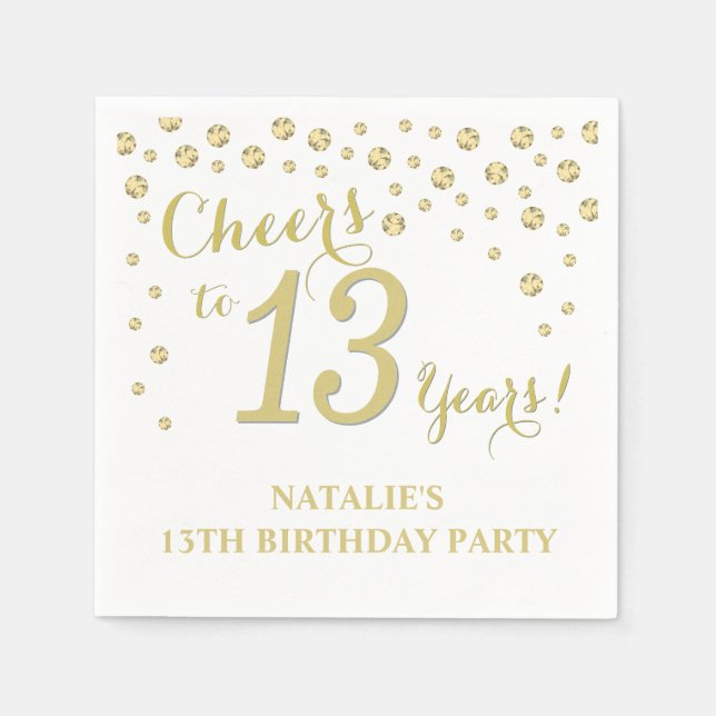 13th Birthday Party White and Gold Diamond Napkins (Front)