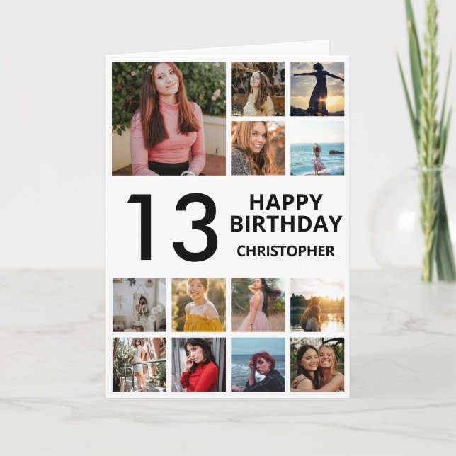 13th Birthday Photo Collage 13 Photos Black White Card (Front)