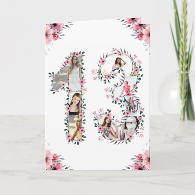 13th Birthday Photo Collage Girl Pink Flower White Card (Front)