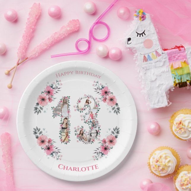 13th Birthday Photo Collage Girl Pink Flower White Paper Plates (Party)