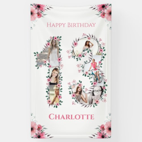 13th Birthday Photo Collage Pink Flower Girl White Banner