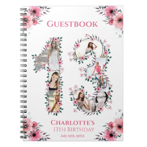 13th Birthday Photo Collage Pink Flower Guest Book