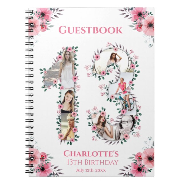 13th Birthday Photo Collage Pink Flower Guest Book (Front)