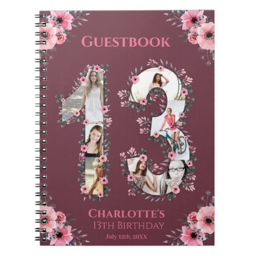 13th Birthday Photo Collage Pink Flower Guest Book