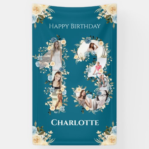 13th Birthday Photo Collage Teal Yellow Flower Banner