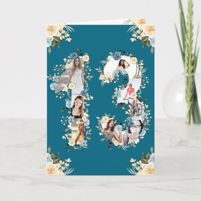 13th Birthday Photo Collage Yellow Flower Teal Card (Front)