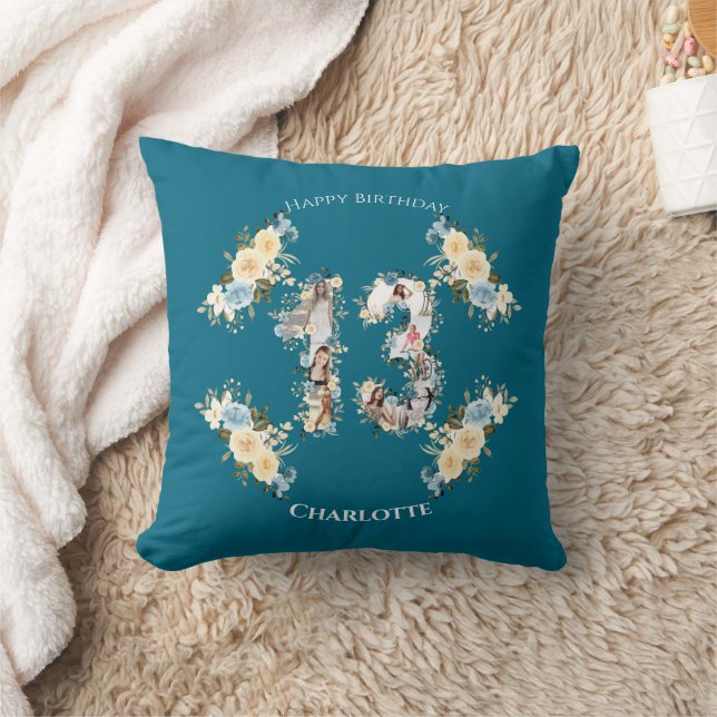 13th Birthday Photo Collage Yellow Flower Teal Throw Pillow (Blanket)