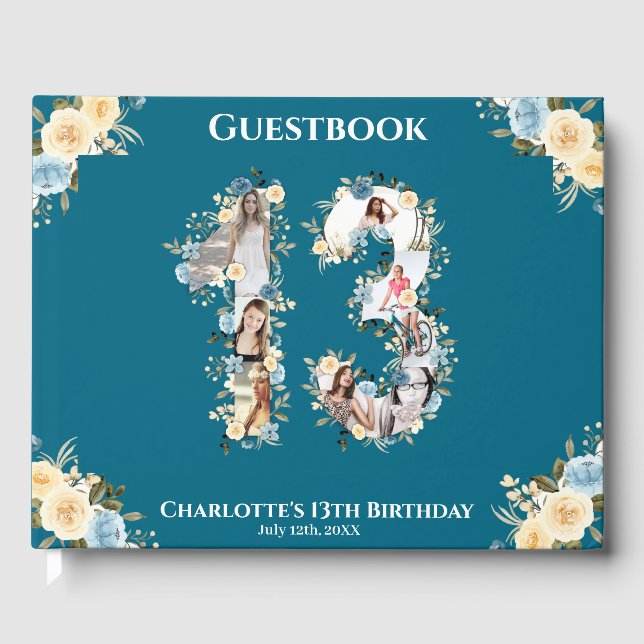 13th Birthday Photo Teal Collage Yellow Flower Guest Book (Front)
