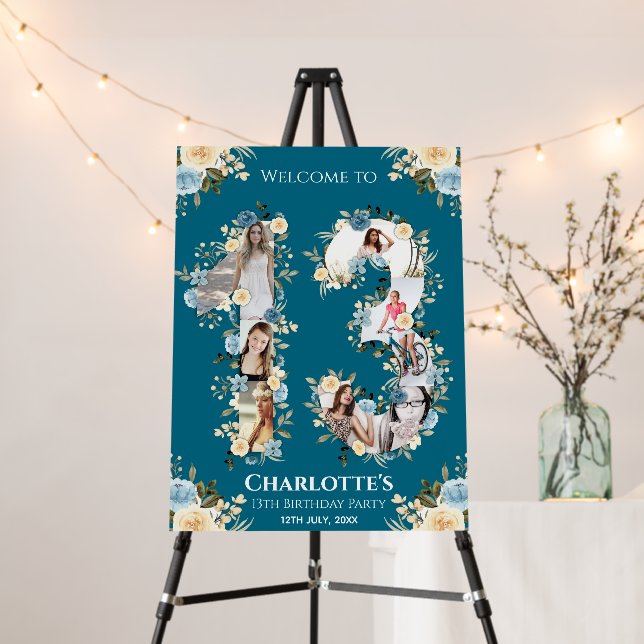 13th Birthday Photo Teal Yellow Flower Welcome Foam Board (In Situ (Stand))