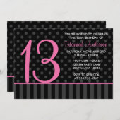 13th Birthday Pink and Black Polka Dot Stripes Invitation (Front/Back)