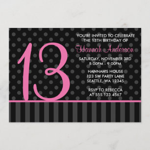 13th Birthday Pink and Black Polka Dot Stripes Invitation