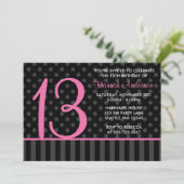 13th Birthday Pink and Black Polka Dot Stripes Invitation (Standing Front)
