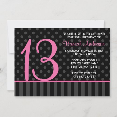 13th Birthday Pink and Black Polka Dot Stripes Invitations